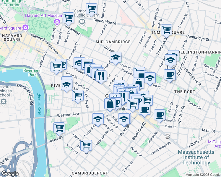 map of restaurants, bars, coffee shops, grocery stores, and more near 5 Bigelow Street in Cambridge