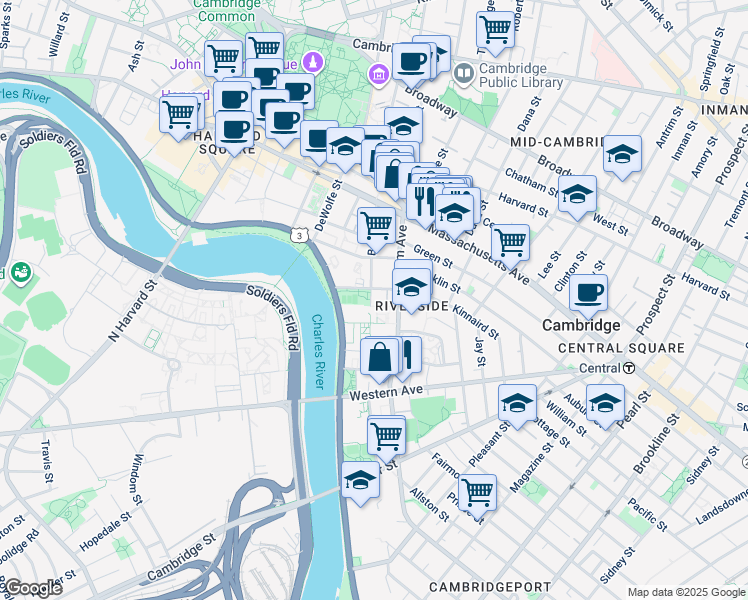 map of restaurants, bars, coffee shops, grocery stores, and more near 132 Banks Street in Cambridge