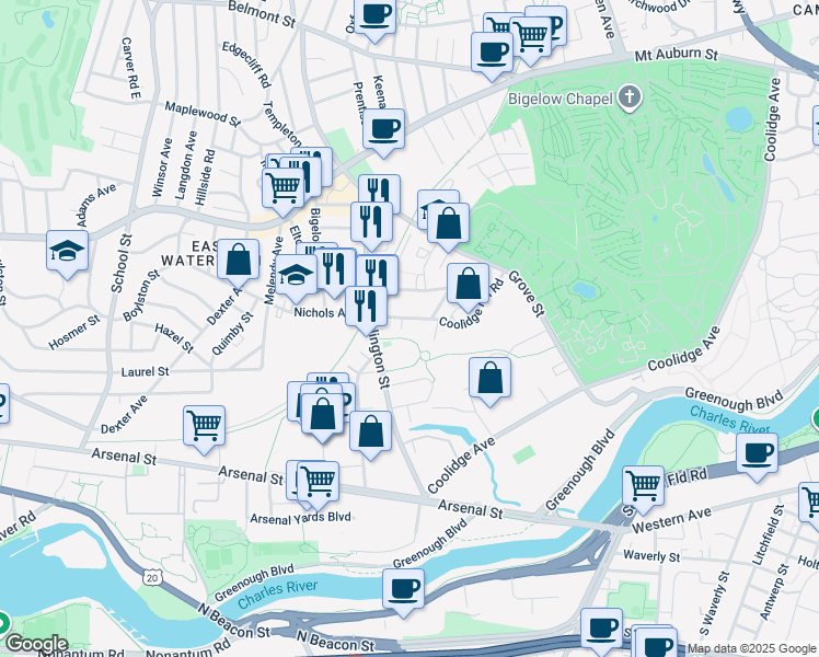 map of restaurants, bars, coffee shops, grocery stores, and more near 29 Coolidge Hill Road in Watertown