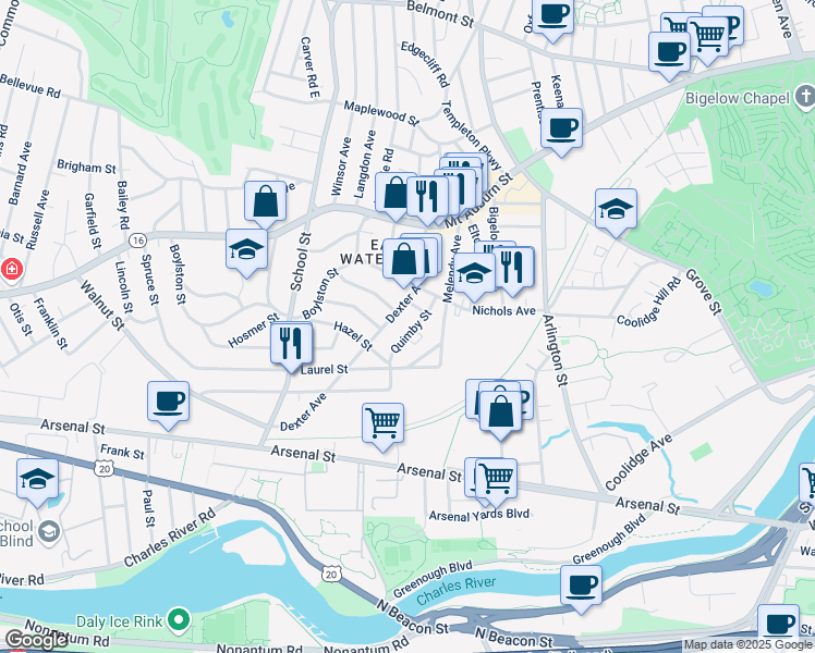 map of restaurants, bars, coffee shops, grocery stores, and more near 78 Dexter Avenue in Watertown