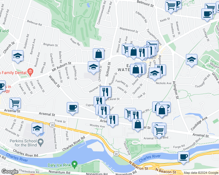map of restaurants, bars, coffee shops, grocery stores, and more near 67 Hazel Street in Watertown