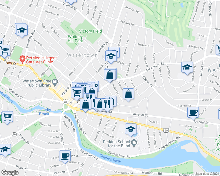 map of restaurants, bars, coffee shops, grocery stores, and more near 69 Mount Auburn Street in Watertown