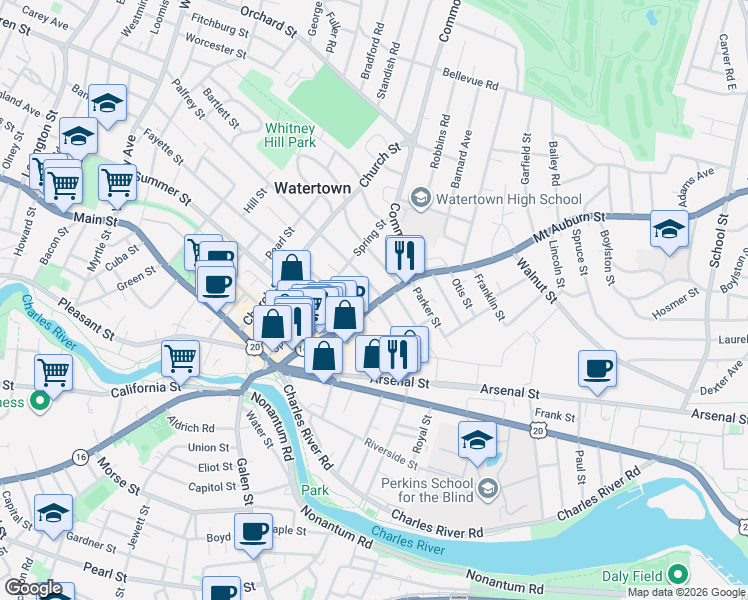 map of restaurants, bars, coffee shops, grocery stores, and more near 69 Mount Auburn Street in Watertown