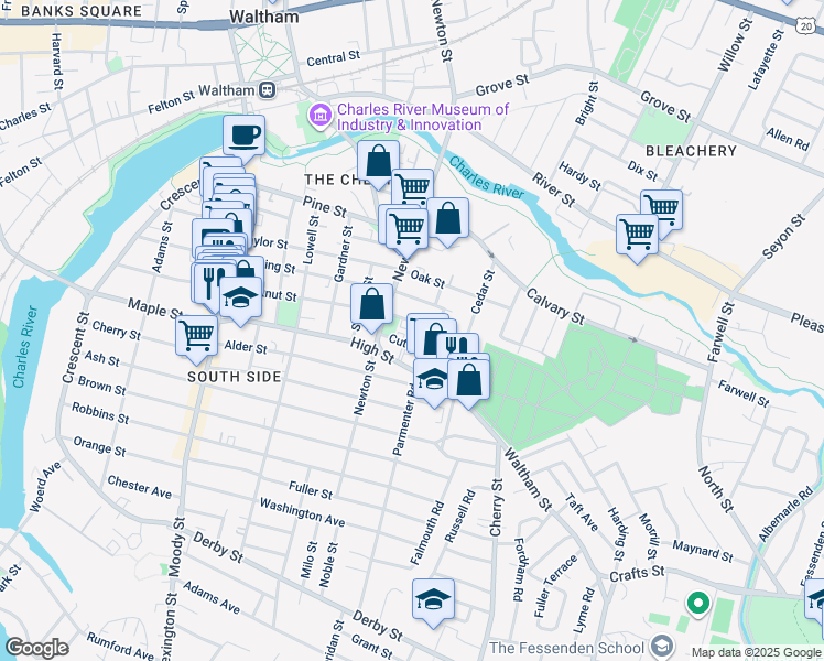 map of restaurants, bars, coffee shops, grocery stores, and more near 15 Clinton Street in Waltham