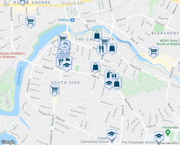 map of restaurants, bars, coffee shops, grocery stores, and more near 50 Stearns Street in Waltham