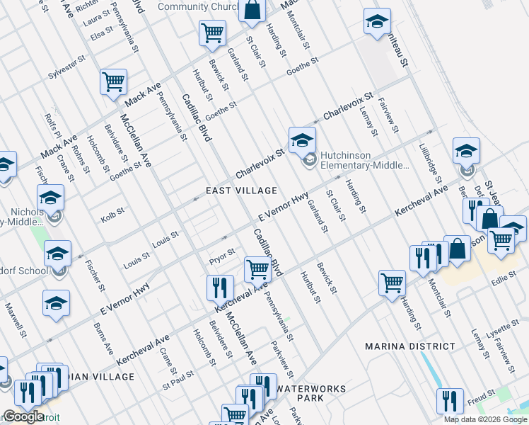 map of restaurants, bars, coffee shops, grocery stores, and more near 2532 Cadillac Boulevard in Detroit