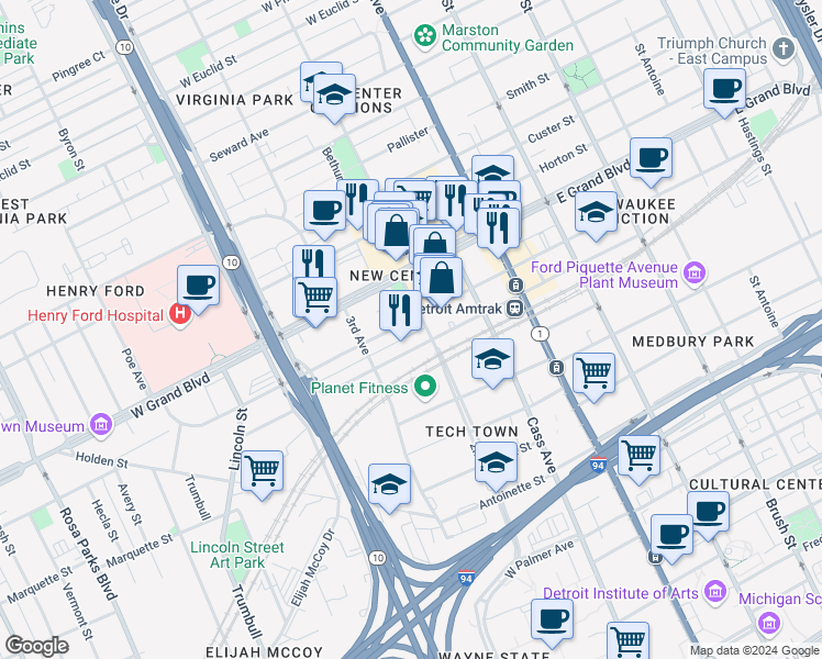 map of restaurants, bars, coffee shops, grocery stores, and more near 6431 2nd Avenue in Detroit