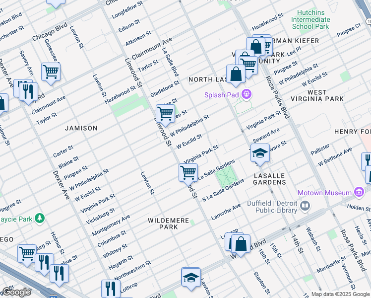 map of restaurants, bars, coffee shops, grocery stores, and more near 2483 West Euclid Street in Detroit
