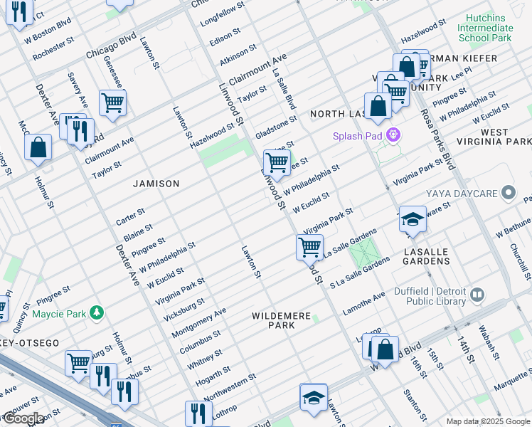 map of restaurants, bars, coffee shops, grocery stores, and more near 2659 West Philadelphia Street in Detroit