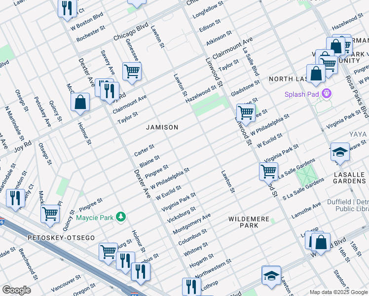 map of restaurants, bars, coffee shops, grocery stores, and more near 3001 Blaine Street in Detroit