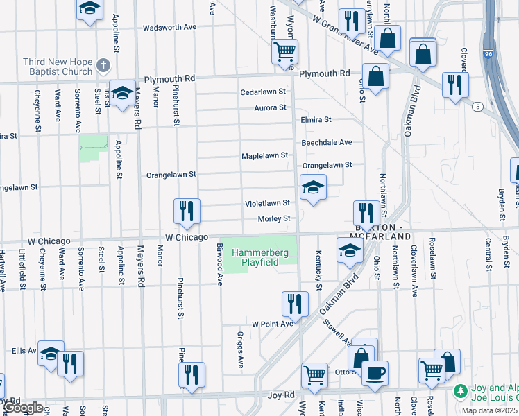 map of restaurants, bars, coffee shops, grocery stores, and more near 10085 Violetlawn Street in Detroit