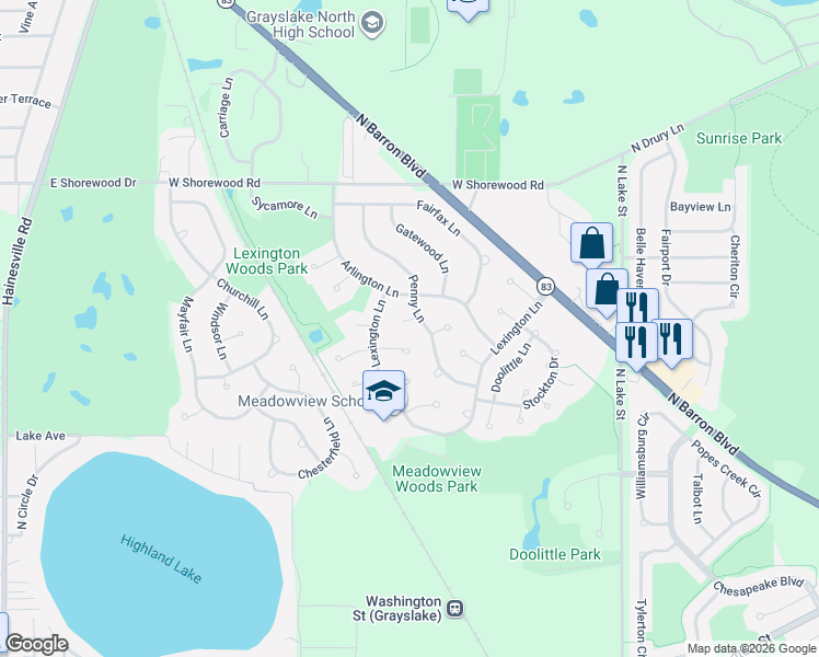 map of restaurants, bars, coffee shops, grocery stores, and more near 321 Penny Lane in Grayslake