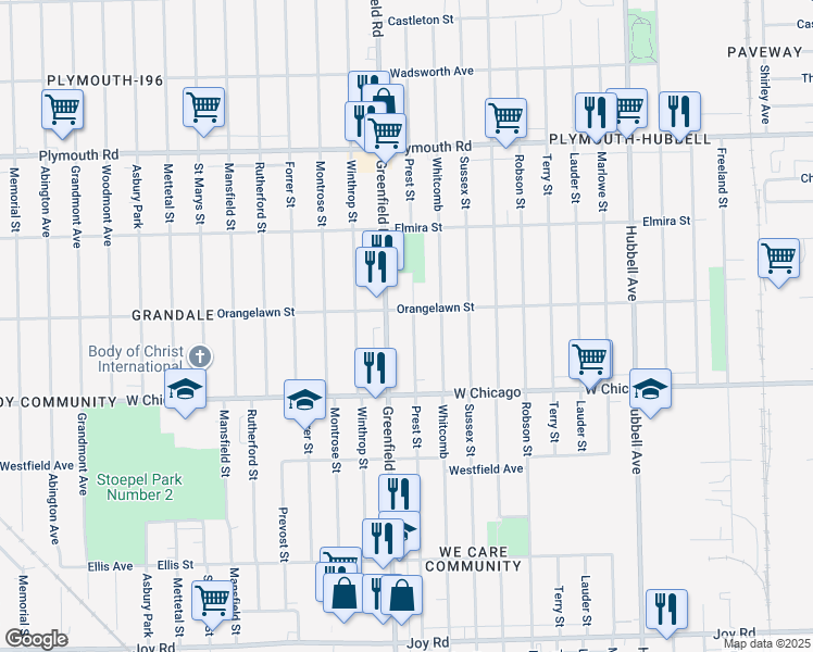 map of restaurants, bars, coffee shops, grocery stores, and more near 9641 Prest Street in Detroit