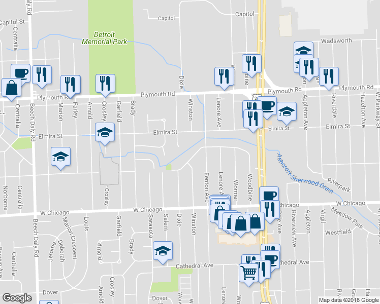 map of restaurants, bars, coffee shops, grocery stores, and more near 24560 Orangelawn in Redford Charter Township