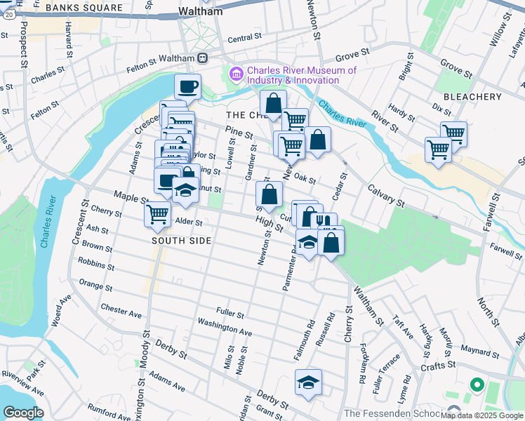 map of restaurants, bars, coffee shops, grocery stores, and more near 50 Stearns Street in Waltham
