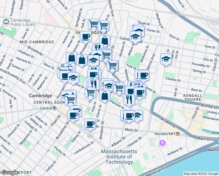 map of restaurants, bars, coffee shops, grocery stores, and more near 243 Broadway in Cambridge