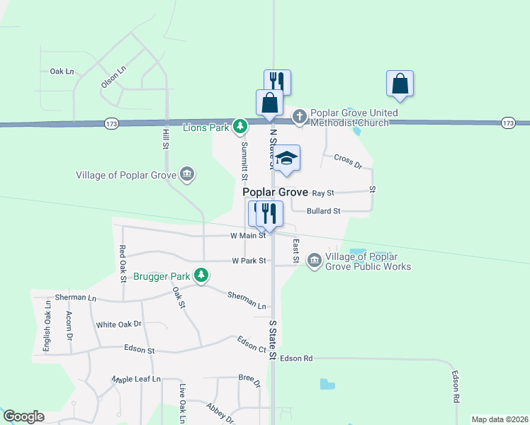 map of restaurants, bars, coffee shops, grocery stores, and more near 109 North State Street in Poplar Grove