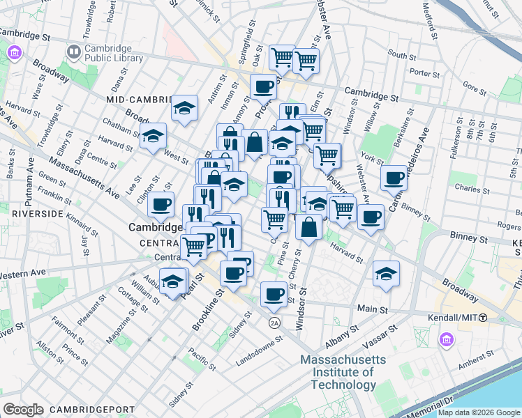 map of restaurants, bars, coffee shops, grocery stores, and more near 14 Elm Street in Cambridge