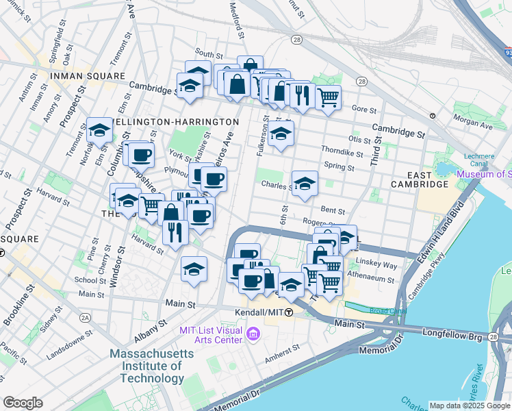 map of restaurants, bars, coffee shops, grocery stores, and more near 320 Bent Street in Cambridge