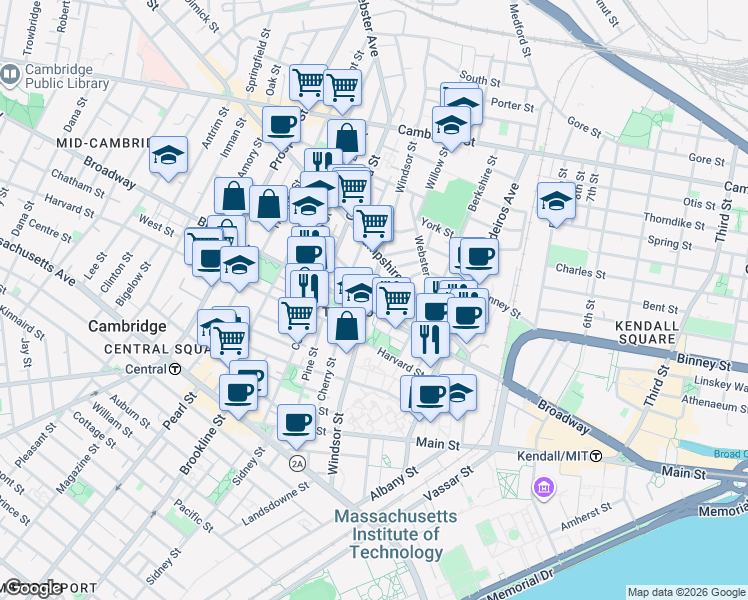 map of restaurants, bars, coffee shops, grocery stores, and more near 252 Windsor Street in Cambridge