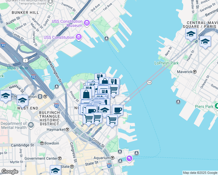 map of restaurants, bars, coffee shops, grocery stores, and more near 476498 Hanover Saint Exd in Boston