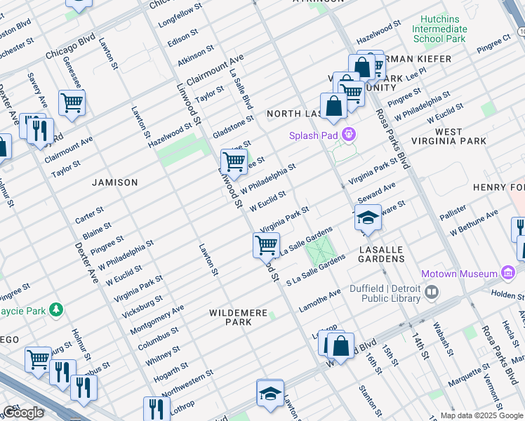 map of restaurants, bars, coffee shops, grocery stores, and more near 2483 West Euclid Street in Detroit