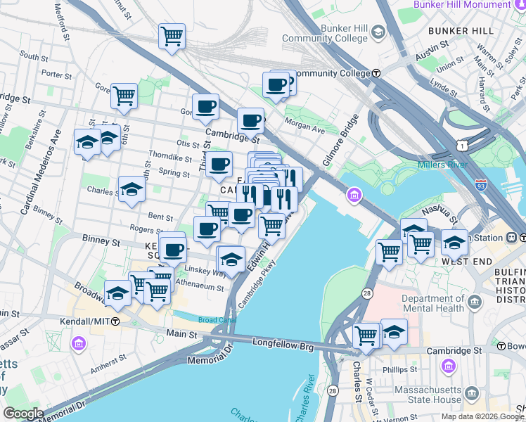 map of restaurants, bars, coffee shops, grocery stores, and more near 100 Cambridgeside Place in Cambridge