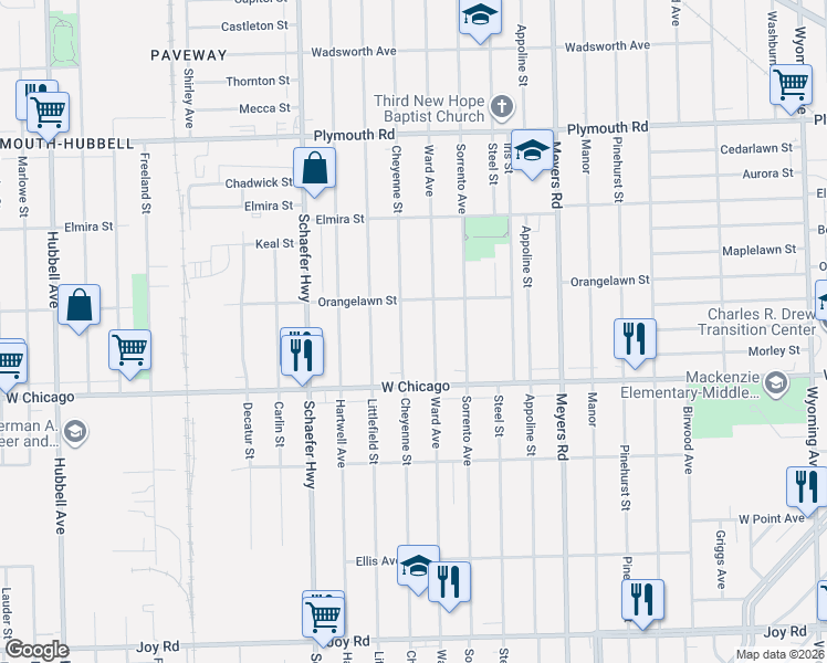 map of restaurants, bars, coffee shops, grocery stores, and more near 9606 Cheyenne Street in Detroit