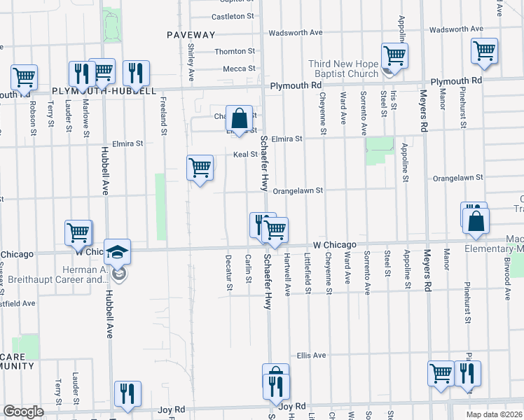 map of restaurants, bars, coffee shops, grocery stores, and more near 9611 Schaefer Highway in Detroit