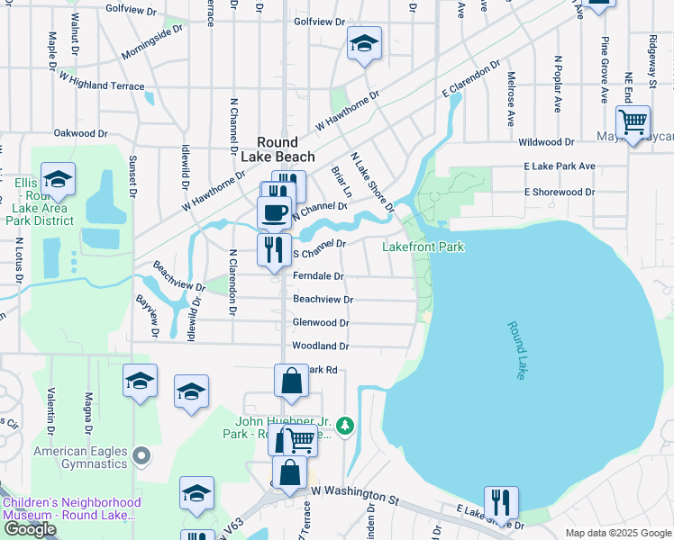 map of restaurants, bars, coffee shops, grocery stores, and more near 132 Ferndale Drive in Round Lake Beach