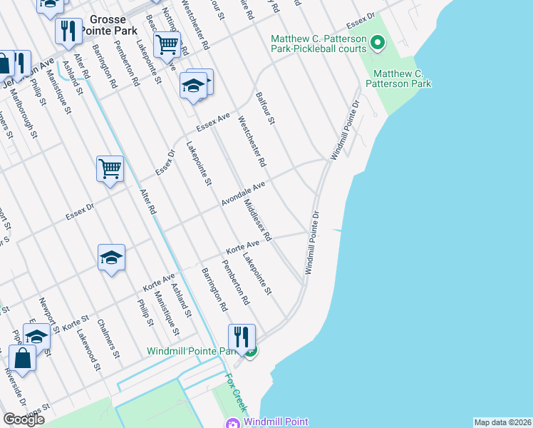 map of restaurants, bars, coffee shops, grocery stores, and more near 647 Westchester Road in Grosse Pointe Park