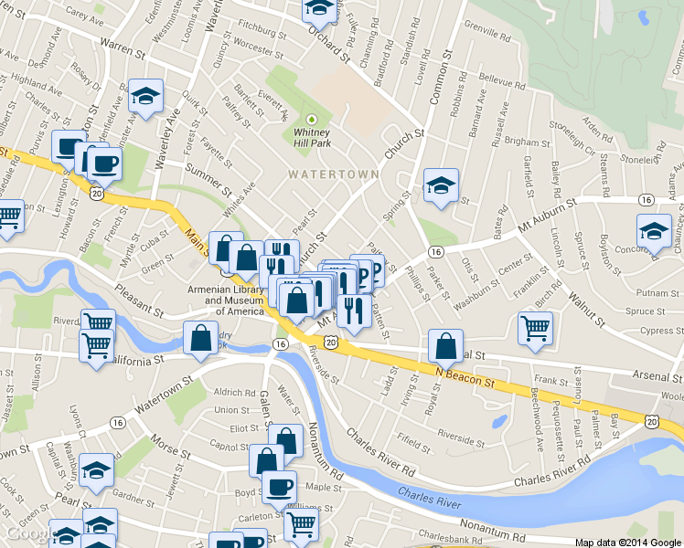 map of restaurants, bars, coffee shops, grocery stores, and more near 73 Spring Street in Watertown
