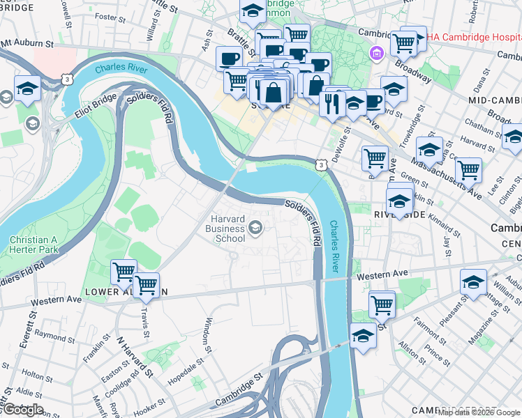 map of restaurants, bars, coffee shops, grocery stores, and more near 38 Harvard Way in Boston