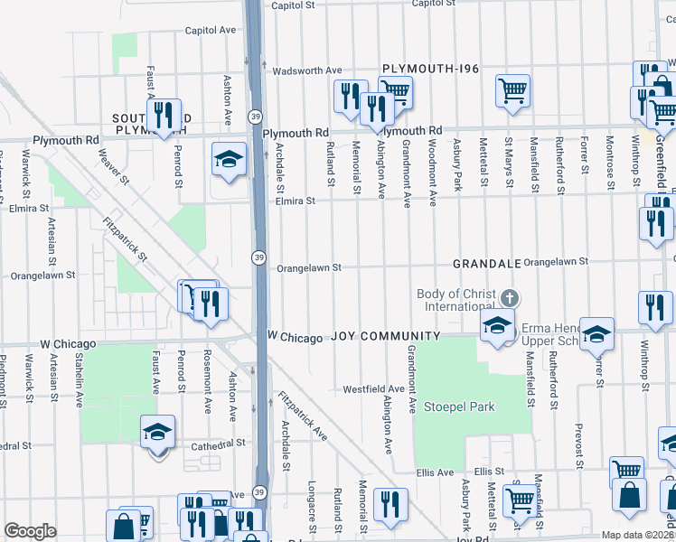 map of restaurants, bars, coffee shops, grocery stores, and more near 9660 Rutland Street in Detroit