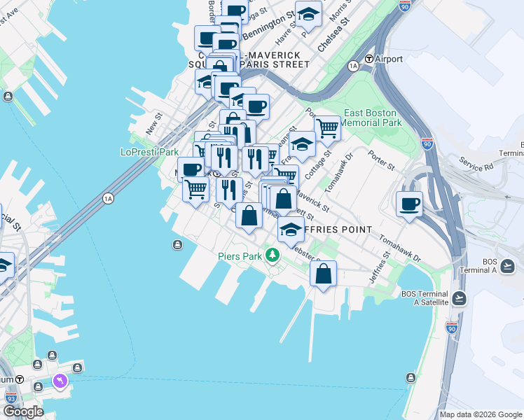 map of restaurants, bars, coffee shops, grocery stores, and more near 16 Cottage Street in Boston