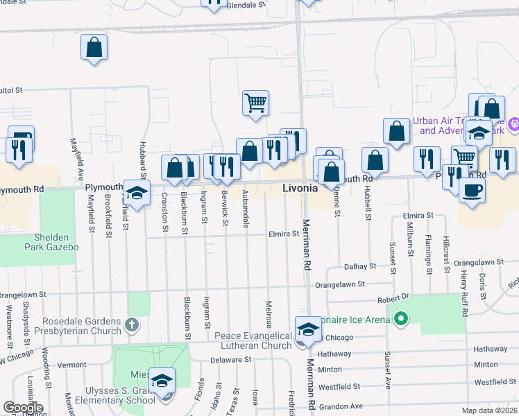 map of restaurants, bars, coffee shops, grocery stores, and more near 11407 Melrose in Livonia