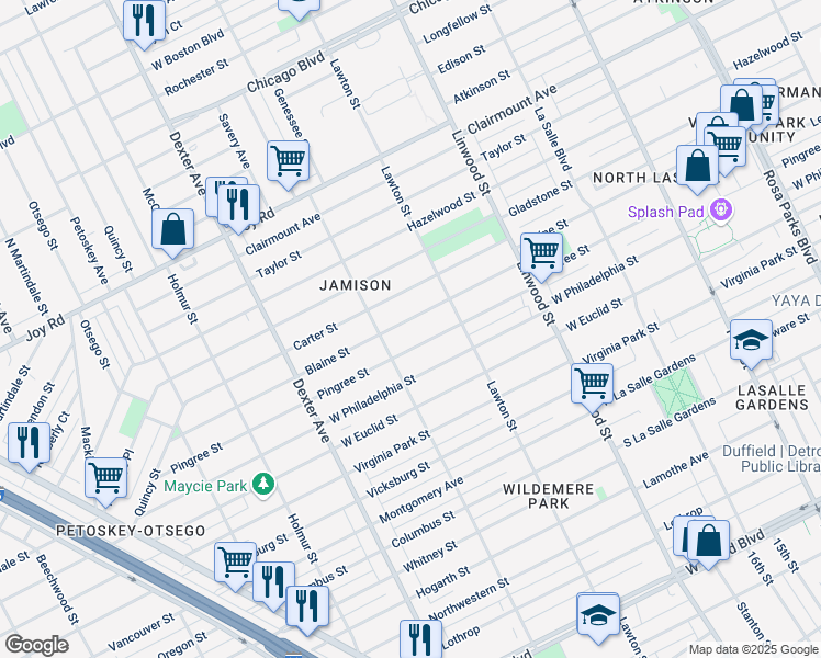 map of restaurants, bars, coffee shops, grocery stores, and more near 3001 Blaine Street in Detroit