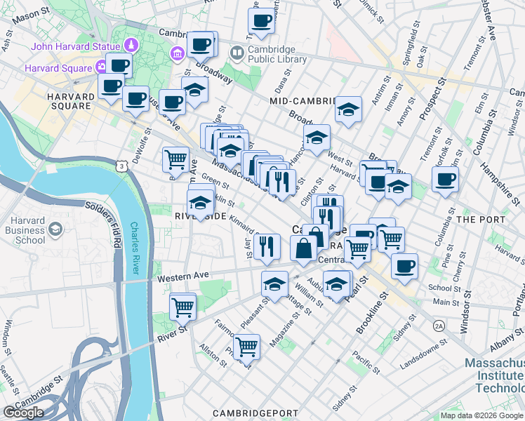 map of restaurants, bars, coffee shops, grocery stores, and more near 512 Green Street in Cambridge