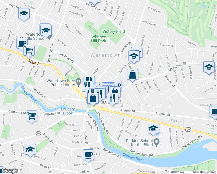 map of restaurants, bars, coffee shops, grocery stores, and more near 73 Spring Street in Watertown