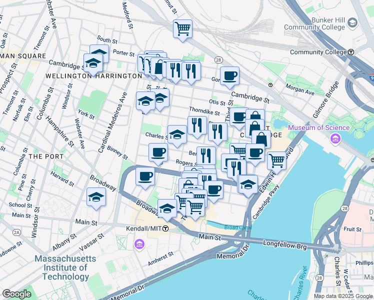 map of restaurants, bars, coffee shops, grocery stores, and more near 190 5th Street in Cambridge