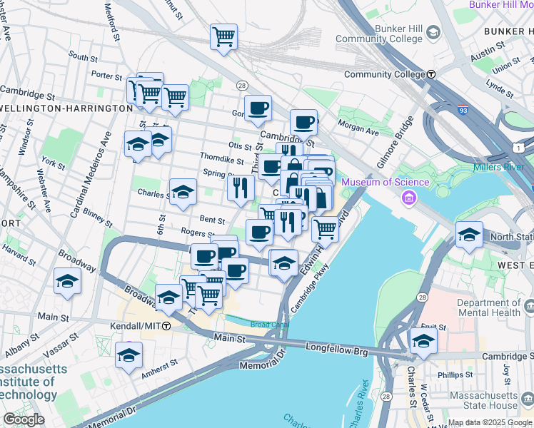 map of restaurants, bars, coffee shops, grocery stores, and more near 58 Charles Street in Cambridge