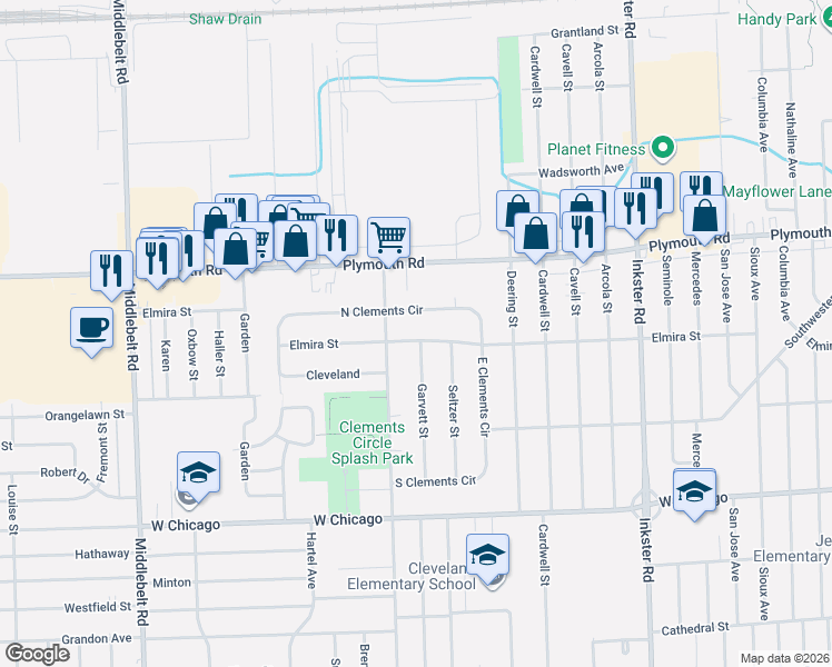 map of restaurants, bars, coffee shops, grocery stores, and more near 28214 Elmira Street in Livonia