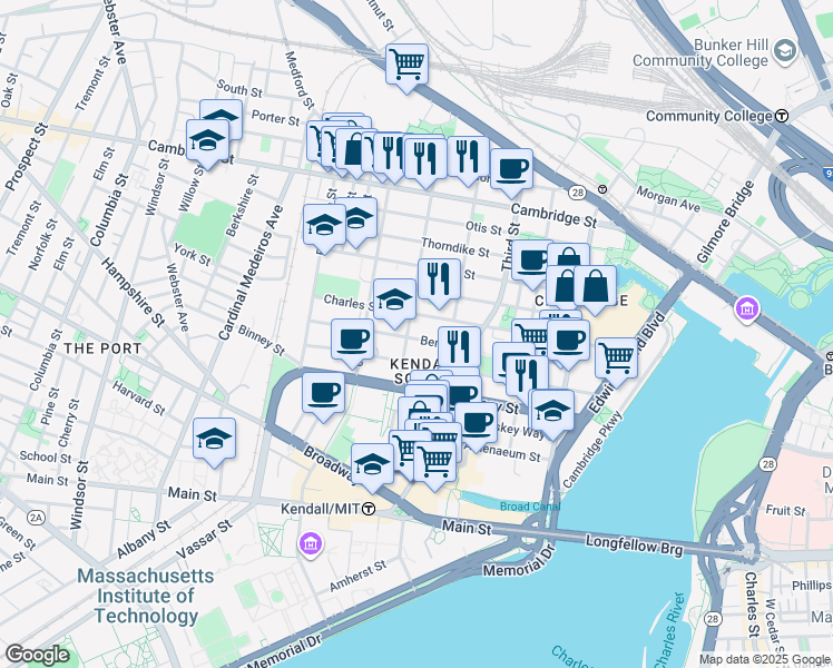 map of restaurants, bars, coffee shops, grocery stores, and more near 190 5th Street in Cambridge