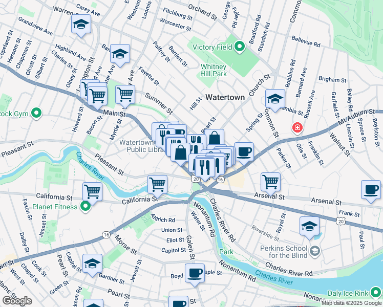 map of restaurants, bars, coffee shops, grocery stores, and more near 10A Winter Street in Watertown