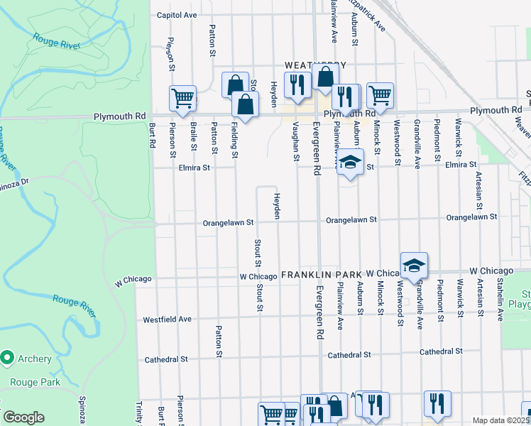 map of restaurants, bars, coffee shops, grocery stores, and more near 9922 Stout Street in Detroit