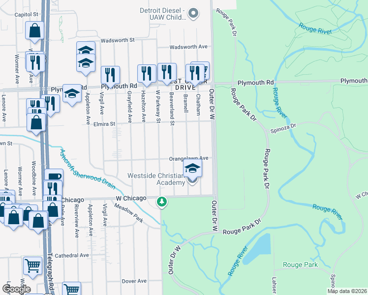 map of restaurants, bars, coffee shops, grocery stores, and more near 9945 Bramell in Detroit