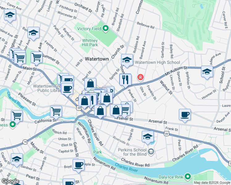 map of restaurants, bars, coffee shops, grocery stores, and more near 92 Mount Auburn Street in Watertown