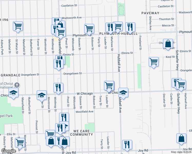 map of restaurants, bars, coffee shops, grocery stores, and more near 9634 Robson Street in Detroit