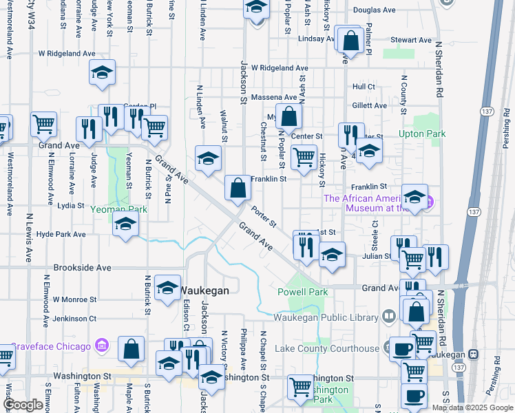 map of restaurants, bars, coffee shops, grocery stores, and more near 810 Porter Street in Waukegan