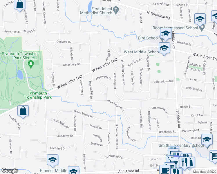 map of restaurants, bars, coffee shops, grocery stores, and more near 11870 Leighwood Drive in Plymouth